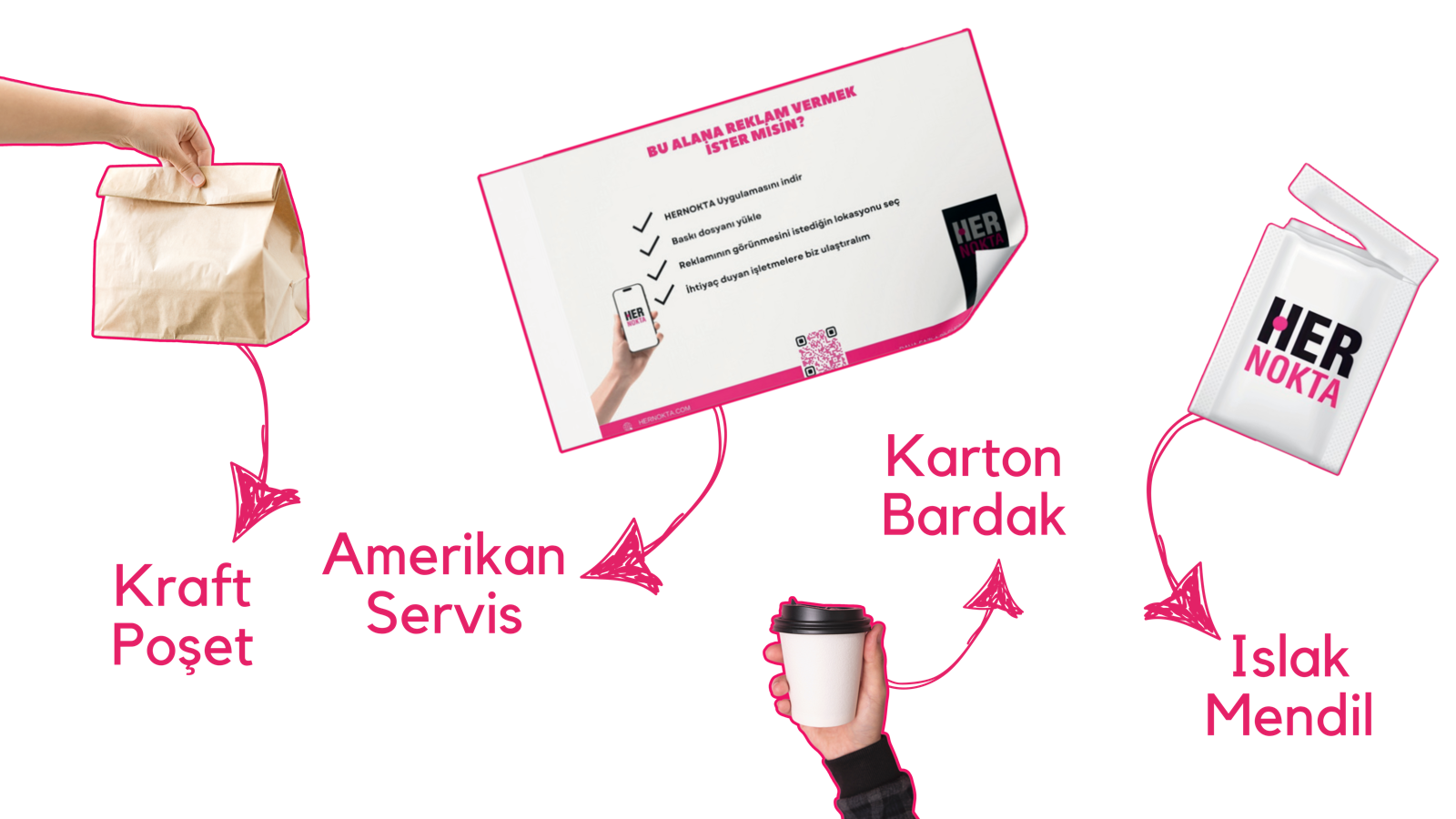 Kraft poşet, Amerikan servis, karton bardak ve ıslak mendil